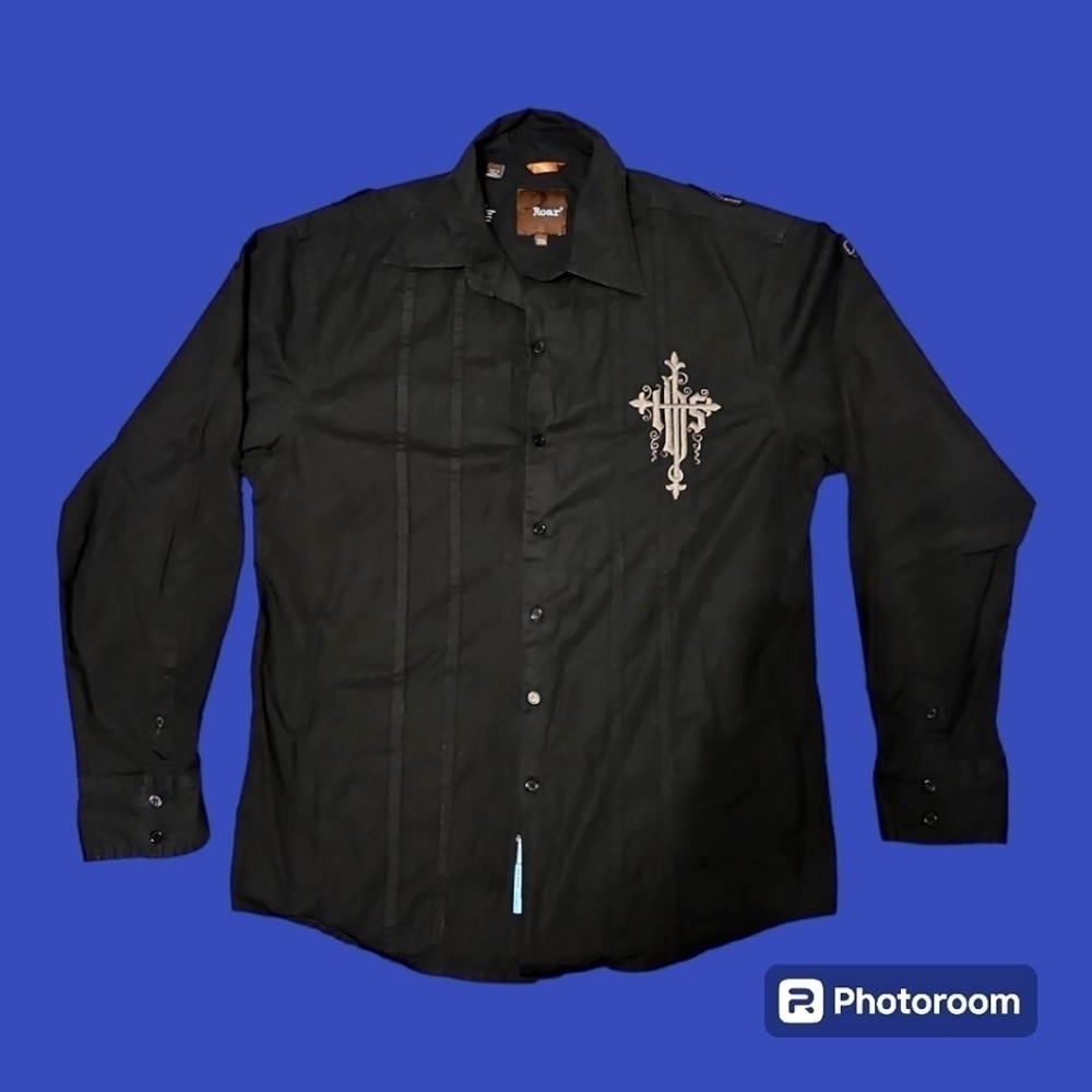 ROAR Black Tribal Sword Ares Button Down Goth Shirt Large